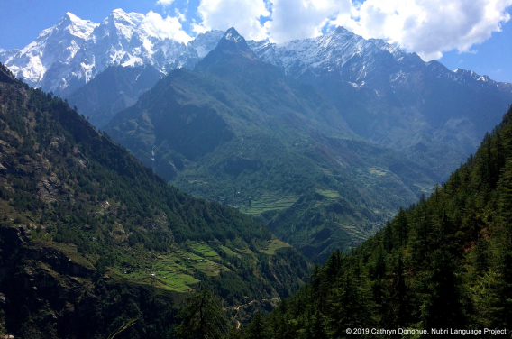 位於努日山谷低處的許多村莊都建於古老的山體塌方上。這些看上去十分危險的山坡俯瞰著Budhi Gandaki河，該河始於西藏，穿過山谷到達Gorkha山丘，然後與Narayan河一起滙入恆河。努日山谷的東面是高7,165米的Syarang Himal山。圖中可以看到從Prok村望向這座山峰的風景。